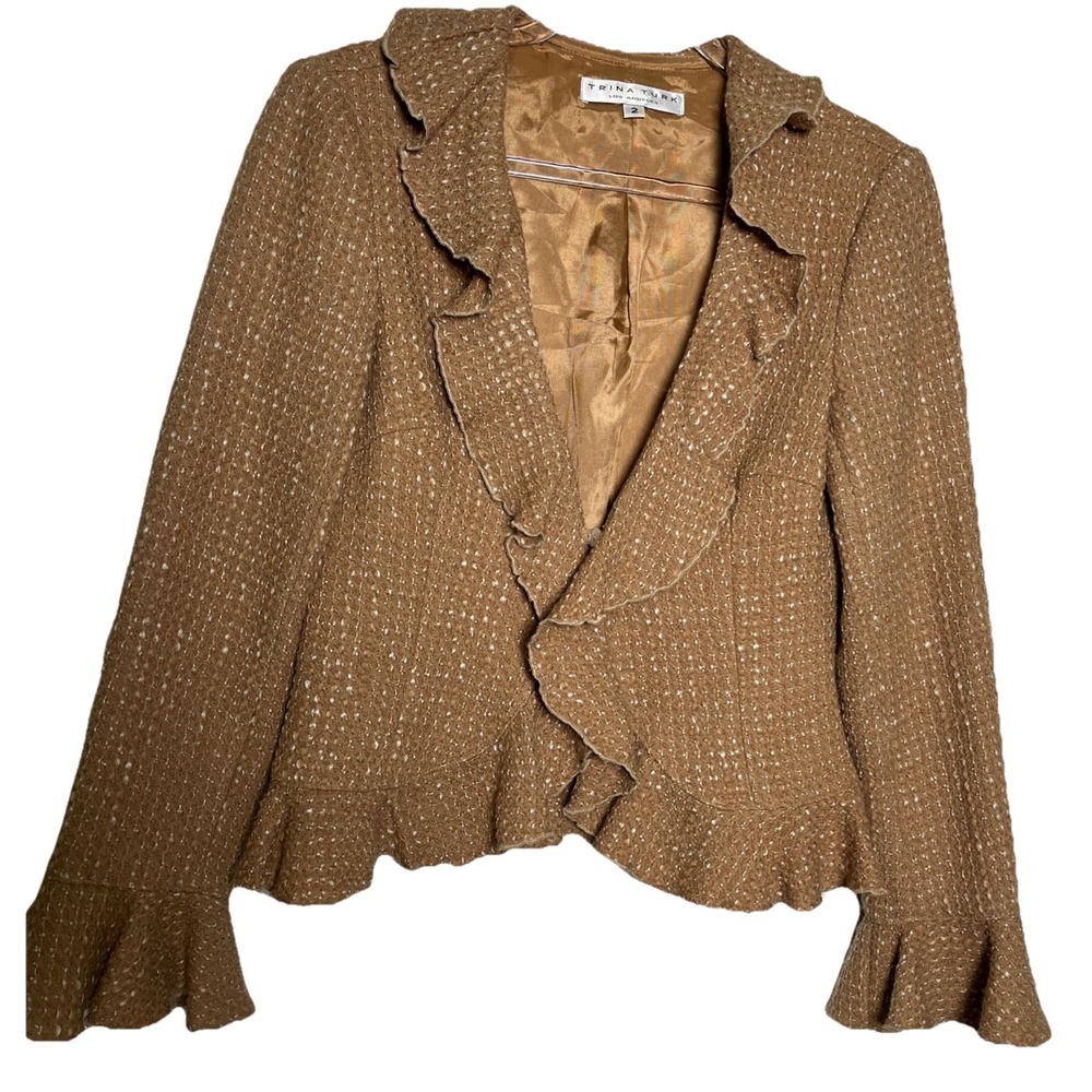 TRINA TURK Camel Tweed Wool Ruffle Jacket Blazer Womens Size 2